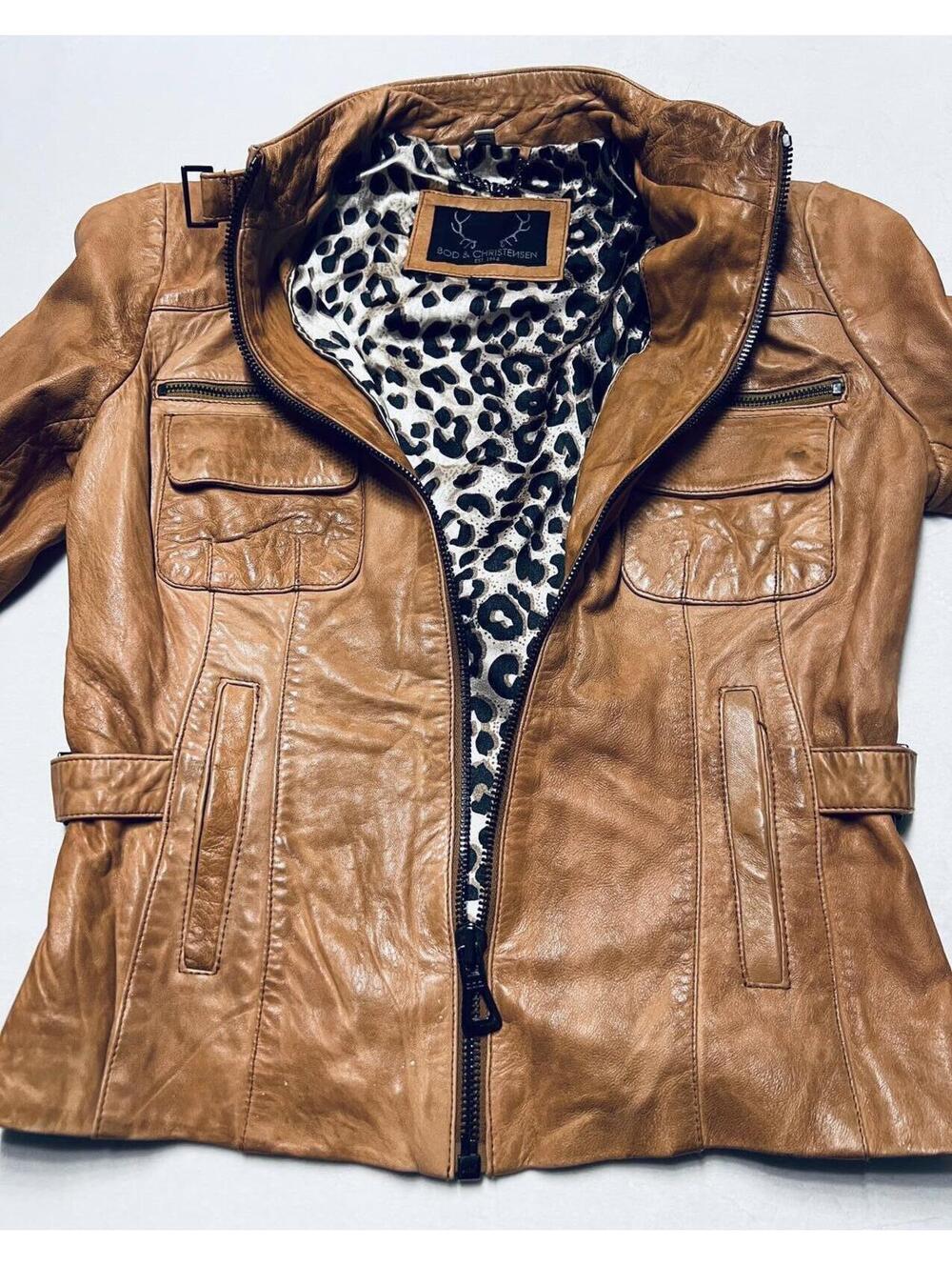 Bod & Christensen Tan Lambskin Leather Moto Jacket Leopard Print Lining Small - Picture 4 of 7